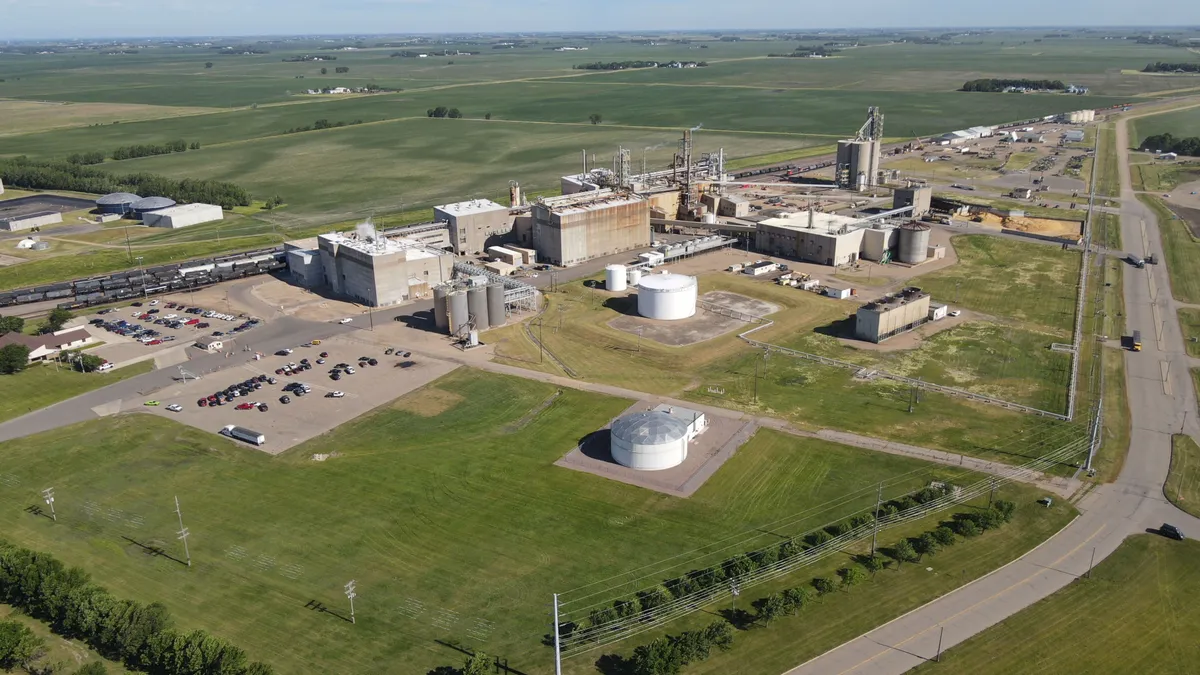 An aerial shot of a corn processing complex