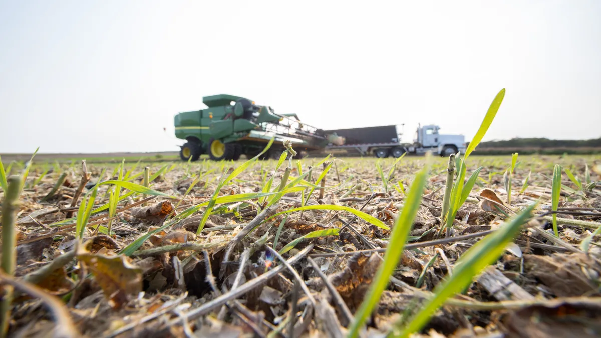 A combine in the distance prepares to work the fields. Green grass is in the foreground.