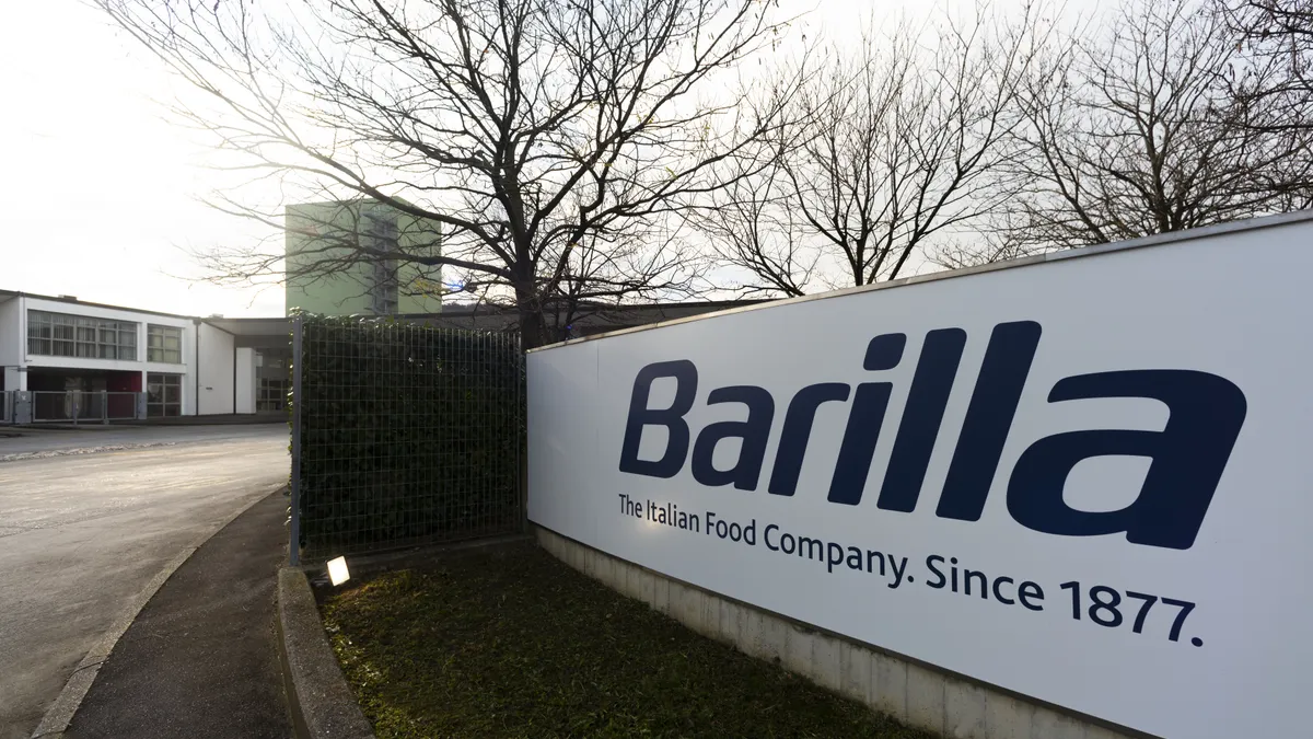 A Barilla sign in front of a factory