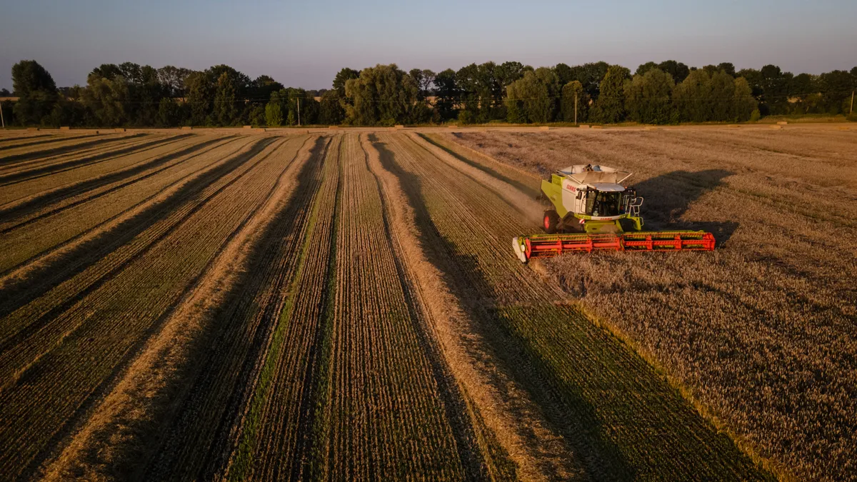 A tractor is seen harvesting wheat on a field