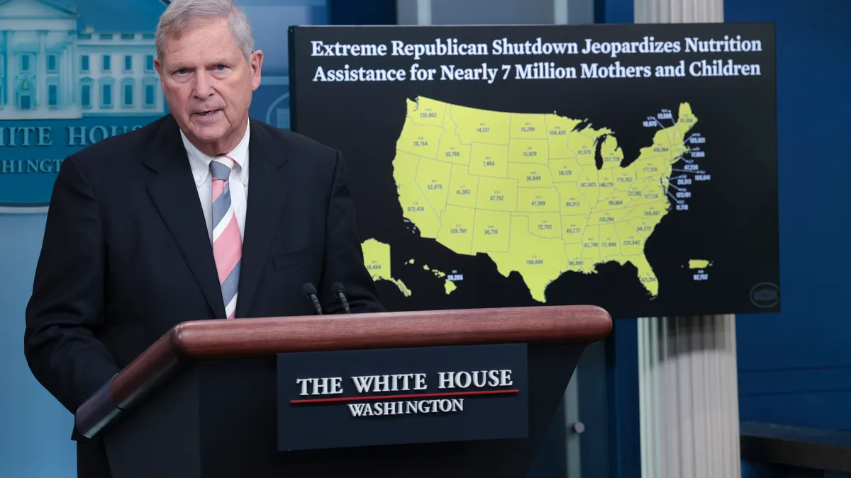 Agriculture Secretary Tom Vilsack answers questions during the daily press briefing at the White House on September 25 in Washington, DC..