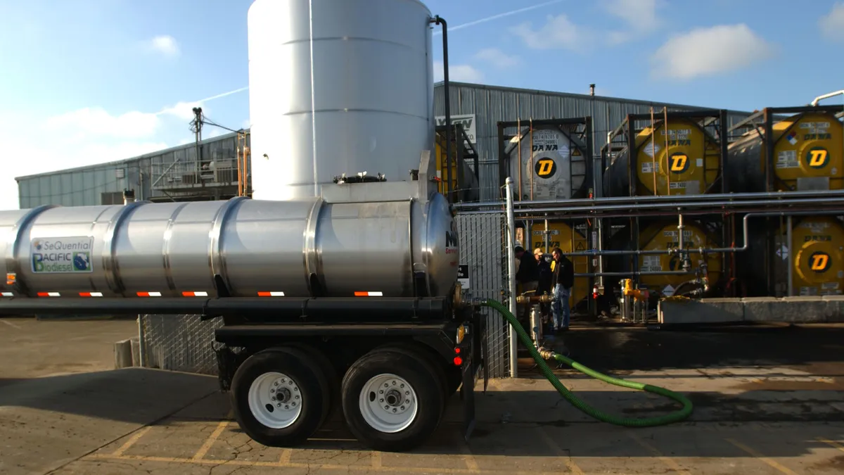 A biodiesel tanker truck delivers used vegetable oil from restaurants to a facility where it will be converted into biodiesel.