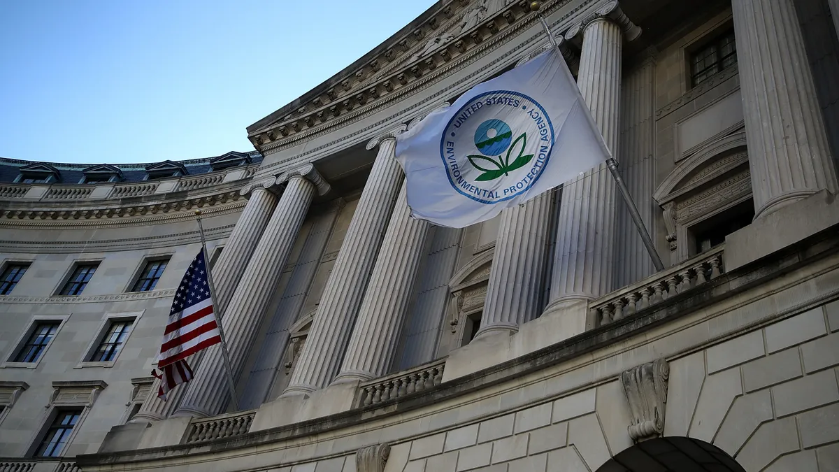 The flag of the U.S. Environmental Protection Agency hangs outside the agency building in Washington, D.C.