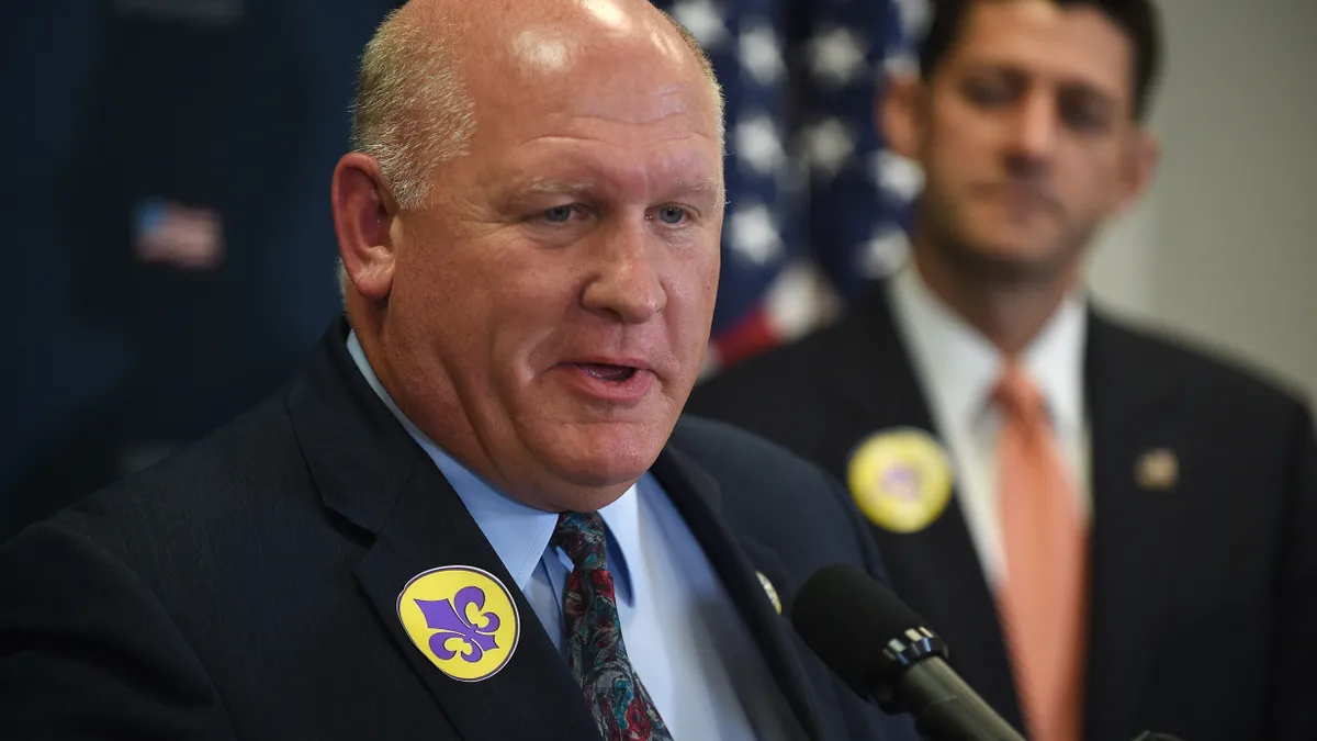 A close up of Glenn "GT" Thompson speaking to the media. In the background, then-Speaker of the House Paul Ryan is seen.